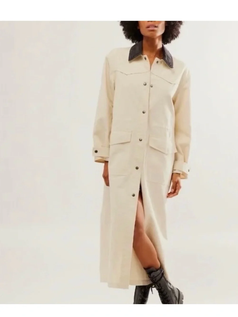 NWT Free People Hunter Duster Jacket Cream & Contrast Collar